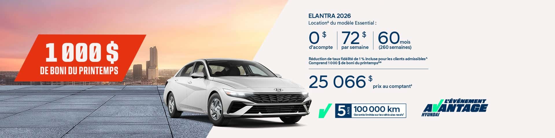 Promotion de printemps Hyundai Elantra 2026 blanche en location chez Brossard Hyundai avec boni de 1000 dollars.