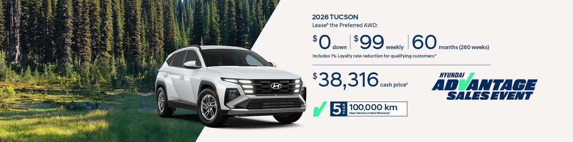 2026 Hyundai Tucson Preferred AWD lease offer at Brossard Hyundai – $99/week with $0 down payment.
