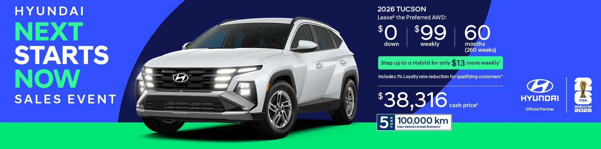 Promotional banner for the 2026 Hyundai Tucson Preferred AWD lease offer at Brossard Hyundai, featuring a white SUV with 0 dollars down and 99 dollars weekly for 60 months.