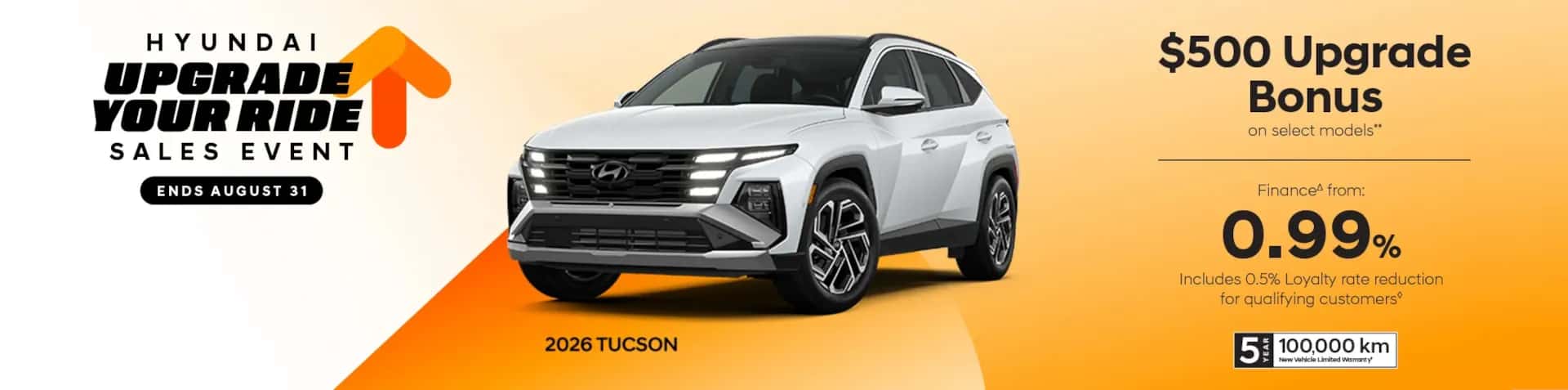 White 2026 Hyundai Tucson promo banner for the Upgrade Your Ride Sales Event at Brossard Hyundai with 0.99 percent finance rate and 500 dollar bonus.