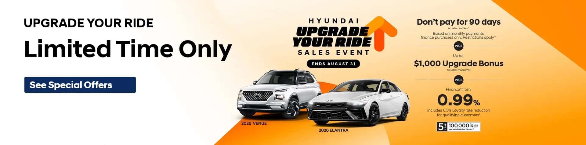 Hyundai Upgrade Your Ride Sales Event banner featuring a white 2026 Venue SUV and a white 2026 Elantra sedan. Text highlights limited-time offers ending August 31, including no payments for 90 days, up to a $1,000 upgrade bonus, and finance rates starting from 0.99% with a 5-year/100,000 km warranty. A See Special Offers button is visible on the left.