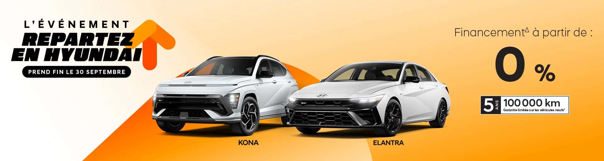 Événement Repartez en Hyundai chez Brossard Hyundai : financement à 0 % sur les véhicules neufs Kona et Elantra 2026, jusqu'au 30 septembre — Rive-Sud de Montréal