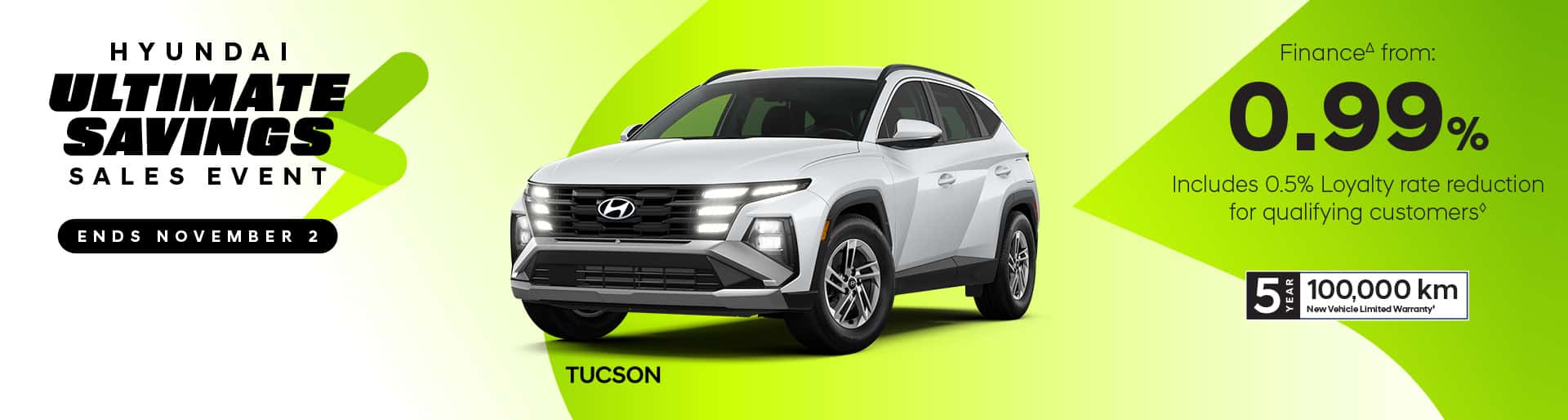 • White Hyundai Tucson SUV featured in the Brossard Hyundai Ultimate Savings Sales Event banner, highlighting a promotional finance rate starting from 0.99 percent and a 5-year or 100,000 km warranty.