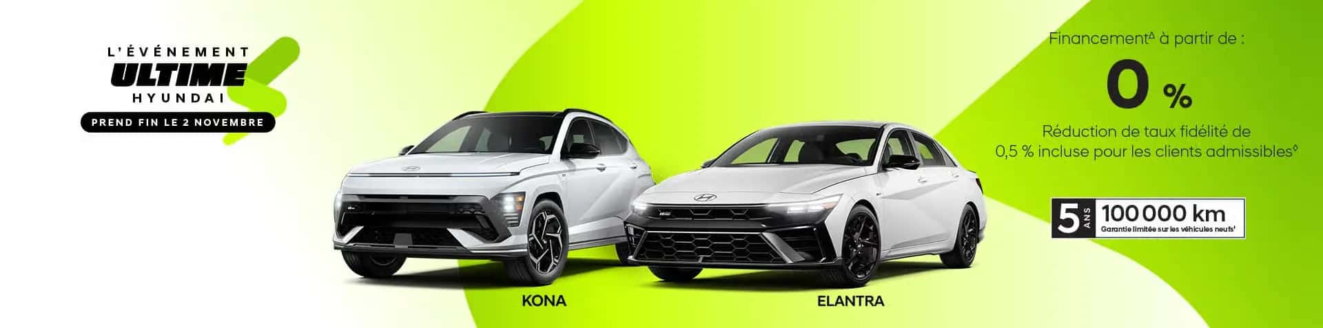 Publicité de l'Événement Ultime chez Brossard Hyundai présentant les modèles Kona et Elantra blancs avec une offre de financement à partir de 0 % se terminant le 2 novembre.