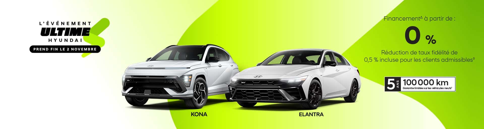 Publicité de l'Événement Ultime chez Brossard Hyundai présentant les modèles Kona et Elantra blancs avec une offre de financement à partir de 0 % se terminant le 2 novembre.