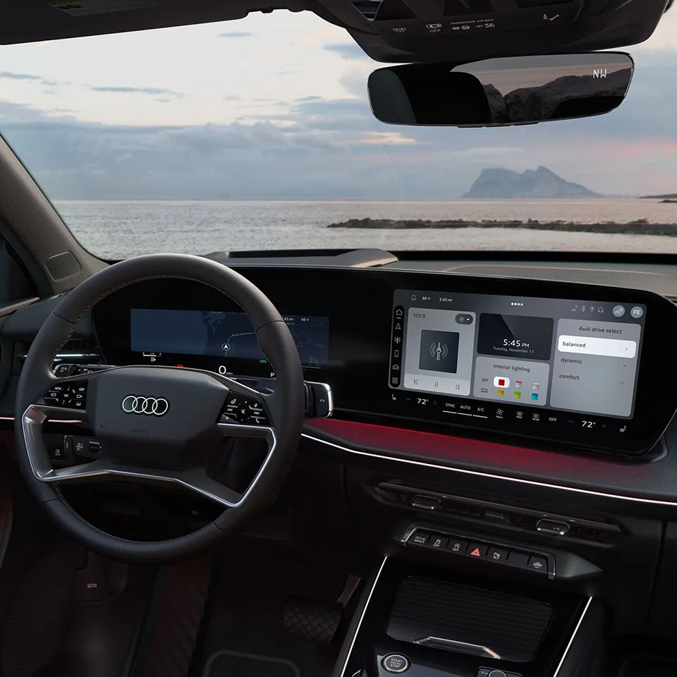 Close-up of the wraparound virtual cockpit in the Audi Q3.