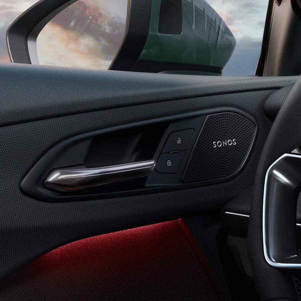 Close-up of the Sonos sound system speakers inside the Audi Q3.