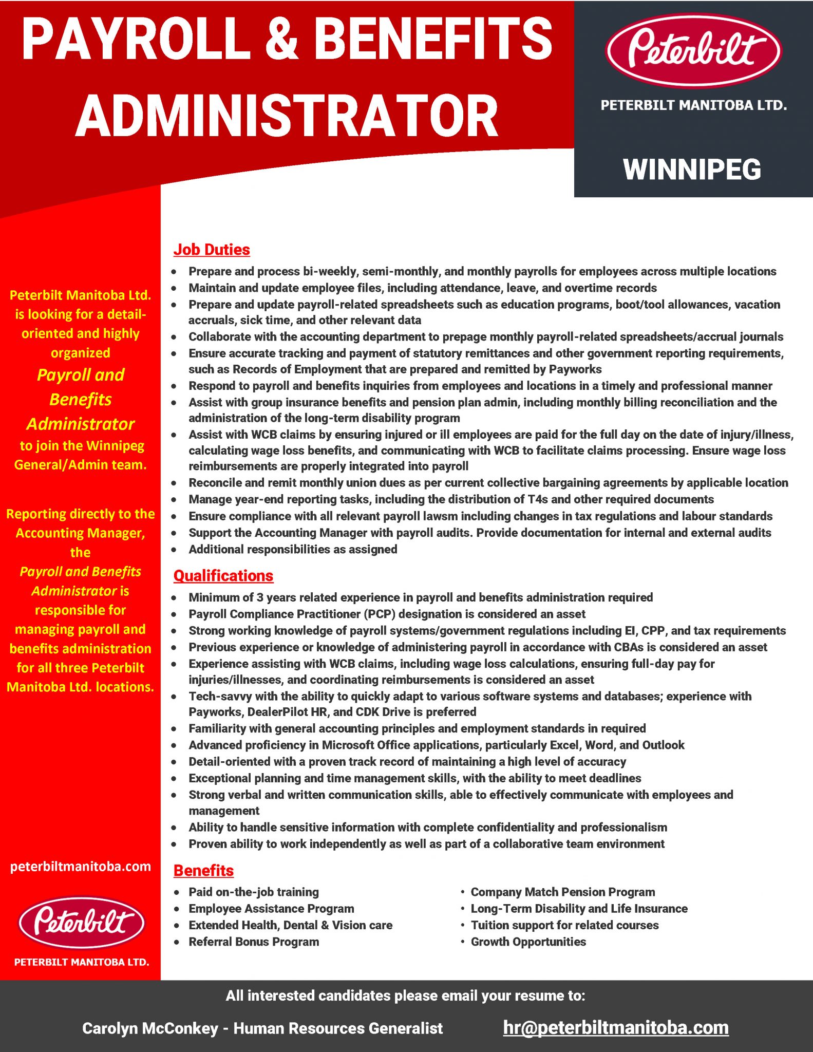 Payroll & Benefits Administrator (FullTime Winnipeg) Peterbilt