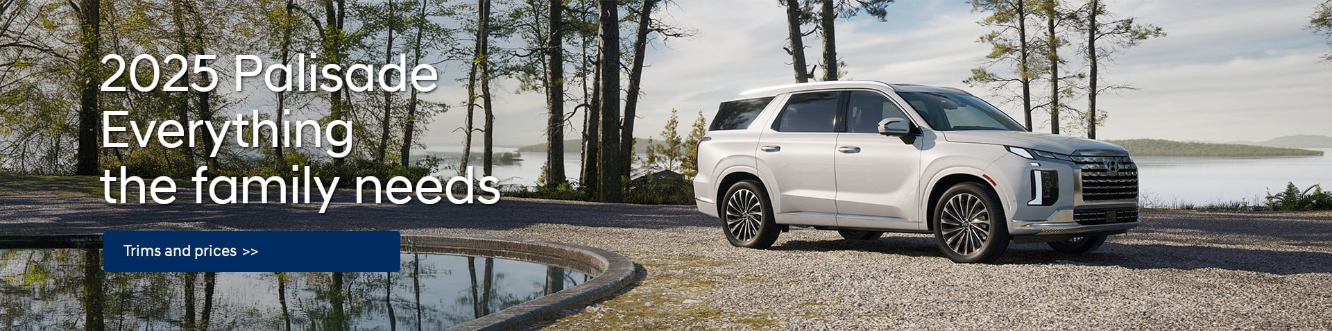 A Hyundai Palisade is parked near a lake and an artificial pond