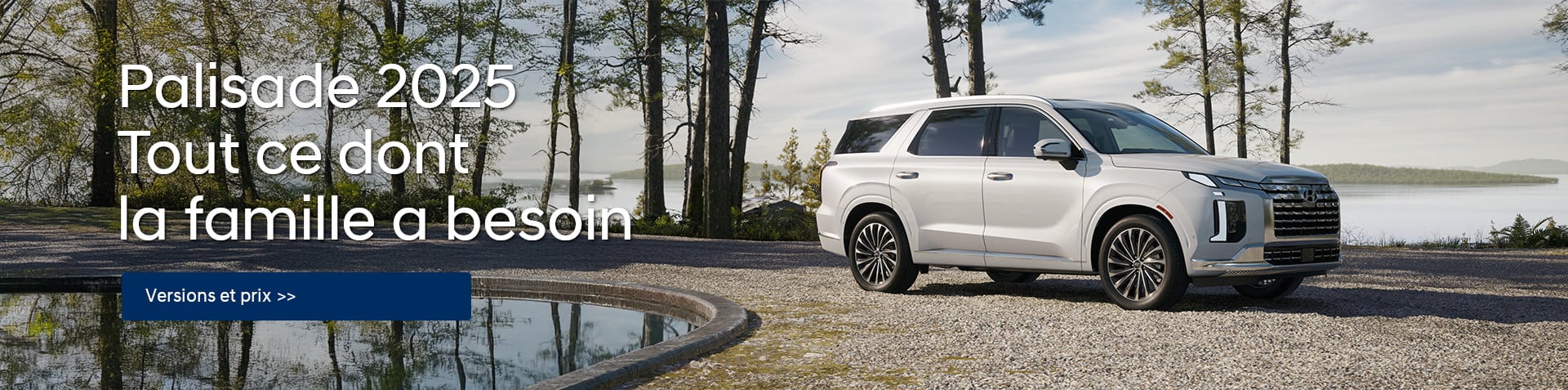 Un Hyundai Palisade est stationné près d'un lac et d'un étang artificiel