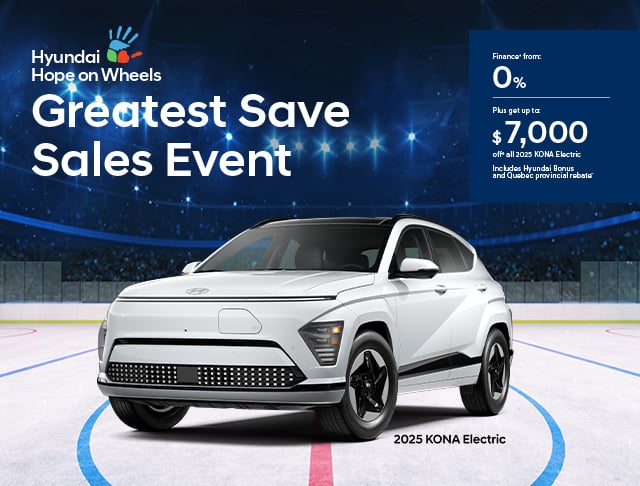 A 2025 Hyundai Kona electric is parked on a hockey rink in a banner for the Greatest Save Sales Event. The banner advertises financing from 0% and up to an $7,000 rebate on all 2025 Hyundai Kona electric.