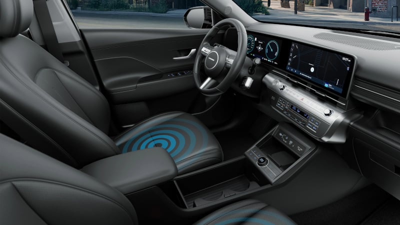 Intérieur futuriste du Kona EV 2026 avec technologie de pointe et sièges chauffants