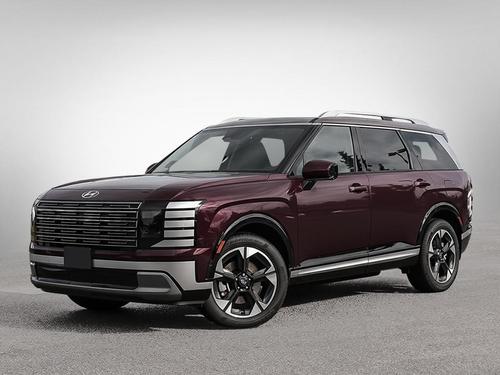 Vue de trois-quarts avant du Hyundai Palisade Hybride 2026 Luxury 7 places en Bourgogne Galaxie, VUS pleine grandeur disponible chez Brossard Hyundai sur la Rive-Sud