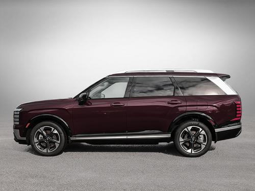 Vue de profil du Hyundai Palisade Hybride 2026 Luxury 7 places en Bourgogne Galaxie, silhouette allongée idéale pour transporter toute la famille en confort