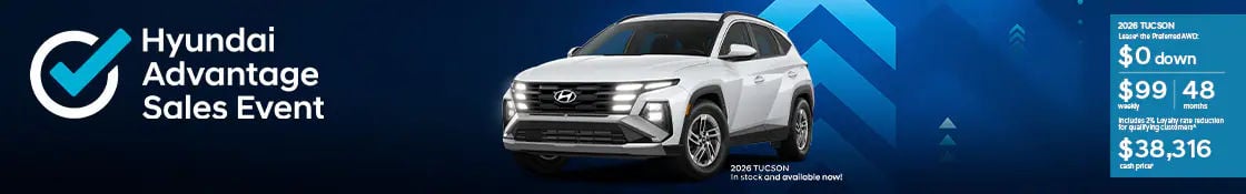 Promotional banner for the Hyundai Advantage Sales Event in March 2026 at Brossard Hyundai. The image features a 2026 Hyundai Tucson Preferred AWD with a lease offer of $99 weekly for 48 months with $0 down payment. The cash price is listed at $38,316.