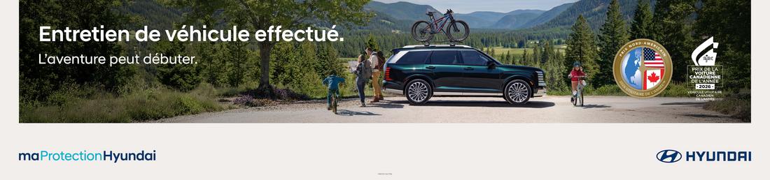 Bannière des promotions du service Hyundai printemps 2026 chez Brossard Hyundai. Texte : Vehicle care checked off. Adventure checked in.