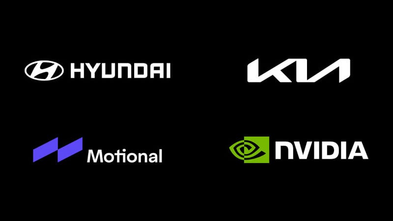 Logos des partenaires Motional, NVIDIA, Hyundai et Kia sur fond noir pour la conduite autonome.