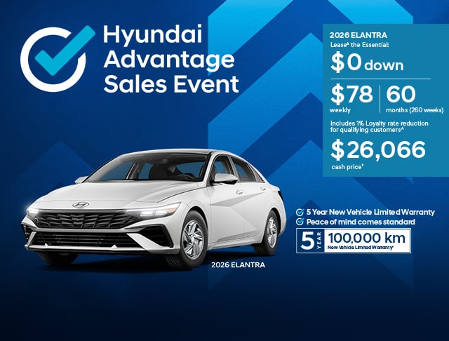 2026 Hyundai Elantra Essential lease offer at Brossard Hyundai Advantage Sales Event: $0 down, $78 weekly for 60 months, or $26,066 cash price.