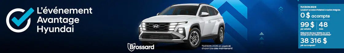 Proposition : Offre de location Hyundai Tucson 2026 Preferred AWD chez Brossard Hyundai : 0 par semaine pendant 60 mois.