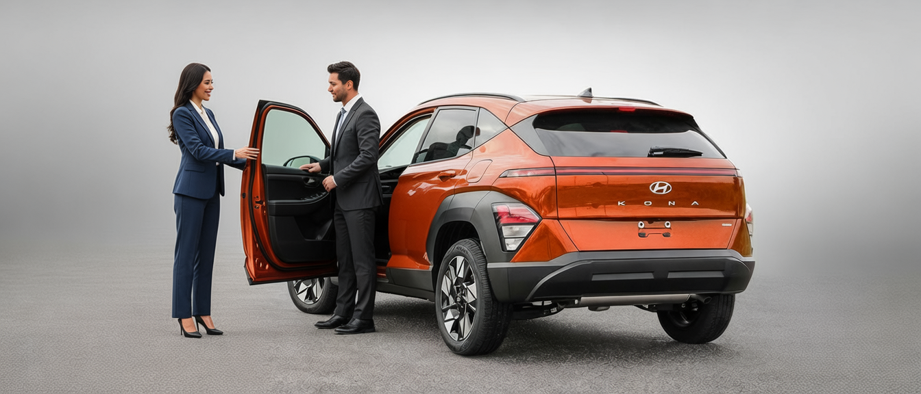 Test driving the new 2026 Hyundai Kona at Brossard Hyundai Brossard Hyundai representative opening the door of a 2026 Hyundai Kona for a client for a test drive on the South Shore.