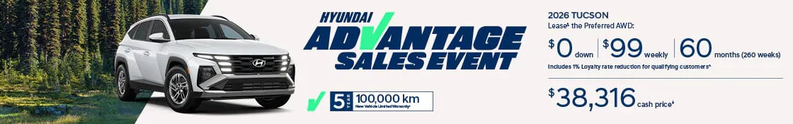 2026 Hyundai Tucson Preferred AWD lease offer at Brossard Hyundai – $99/week with $0 down payment.
