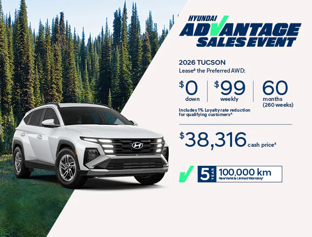 2026 Hyundai Tucson Preferred AWD lease offer at Brossard Hyundai – $99/week with $0 down payment. Click and see all other special offers.