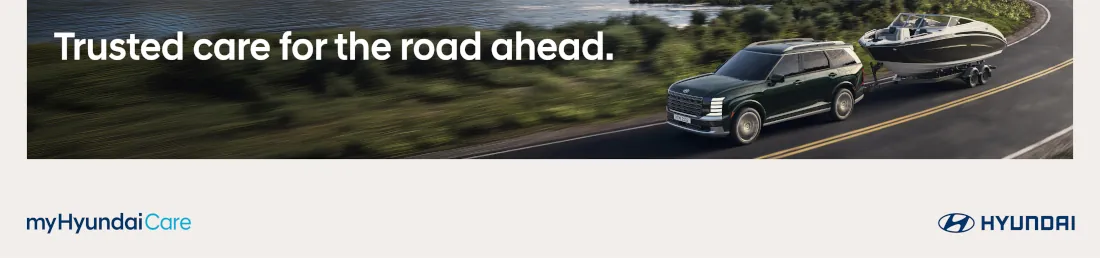 myHyundaiCare service banner showing a black Hyundai vehicle driving on a country road for Brossard Hyundai.