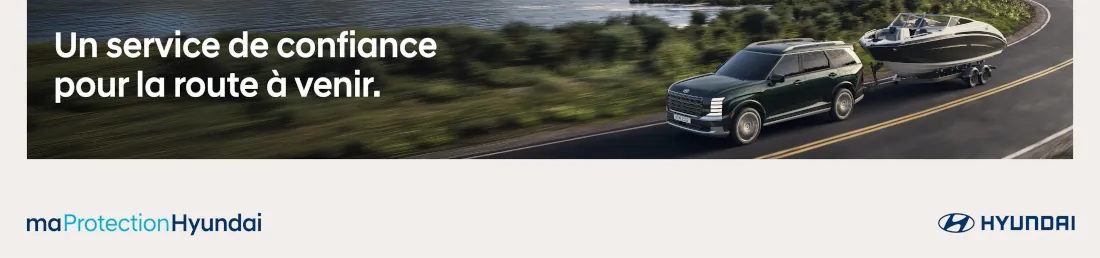 Bannière publicitaire myHyundaiCare montrant un véhicule Hyundai noir roulant sur une route de campagne pour le service après-vente de Brossard Hyundai.