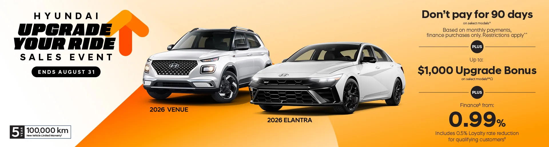 Hyundai 'Next Starts Now' Sales Event promotional banner for Brossard Hyundai, showcasing the white 2026 Kona, Venue, and Sonata models. The text features 'Score the lowest rates of the year!' with a rate reduction of up to 1% for qualifying customers. The banner also displays Hyundai's 5-year/100,000 km warranty and the FIFA World Cup 2026 Official Partner logo.