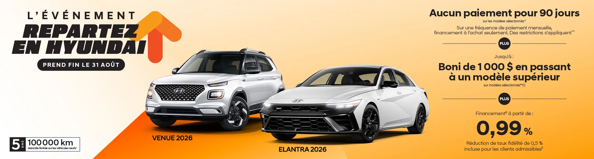 Bannière promotionnelle Brossard Hyundai pour l'événement de vente se terminant le 31 août avec modèles Venue 2026 et Elantra 2026 en stock. L'offre inclut aucun paiement pendant 90 jours, un boni de surclassement jusqu'à 1 000 $ et un taux de financement à partir de 0,99 %.