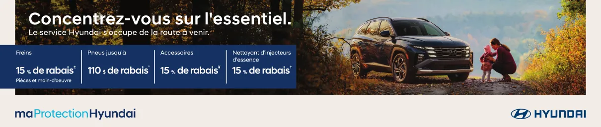 Bannière promotionnelle Brossard Hyundai offrant des rabais sur l'entretien : 15% sur les freins, accessoires et nettoyant d'injecteurs, et jusqu'à 110$ sur les pneus.