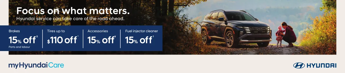 Hyundai Service promotion banner showing a Tucson SUV in autumn scenery with special discounts on tires, brakes, accessories, and fuel injector cleaner.