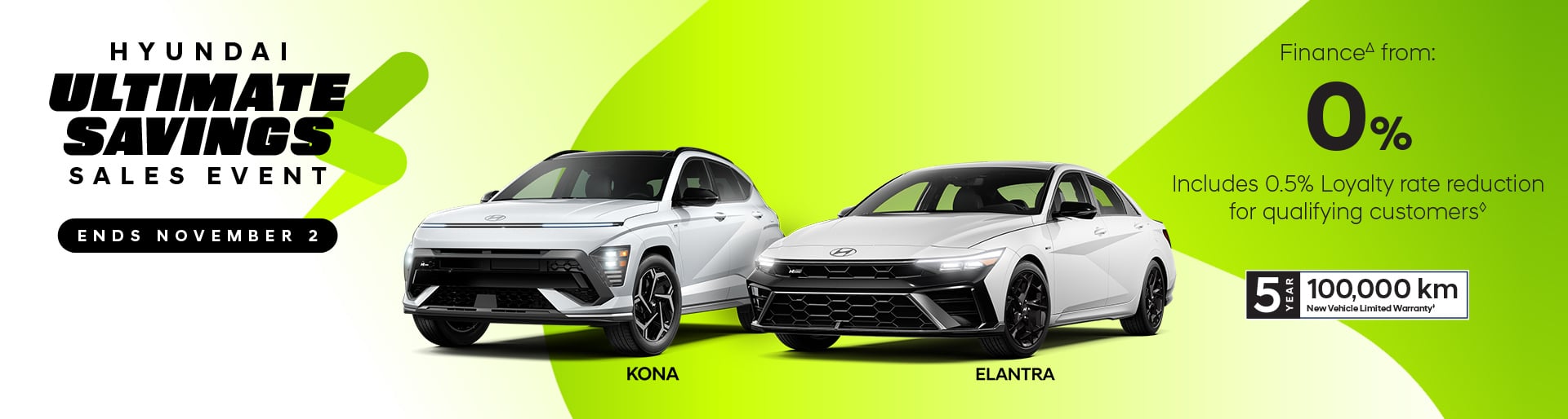 Hyundai Ultimate Savings Sales Event October promotion at Brossard Hyundai featuring 0 percent financing on white Kona SUV and Elantra sedan models.