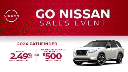 Make the 2024 Pathfinder yours with rates as low as 2.49% APR for 24 months O.A.C | Qualifying Nissan owners may receive up to $500 in loyalty bonus